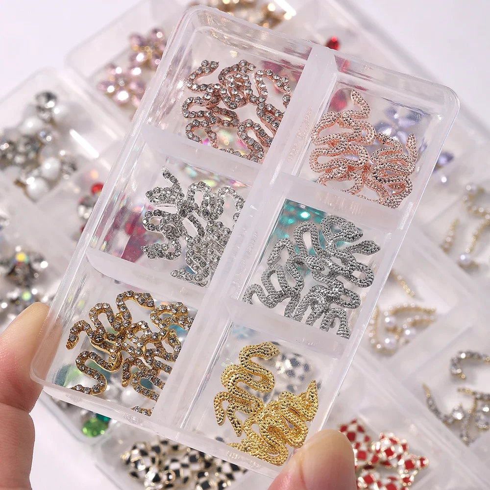 

6 Grids Mix Glitter Retro Gothic Snake Nail Charms Jewelry Luxury Gems Rhinestone Nail Decoration DIY Nail Art Accessories