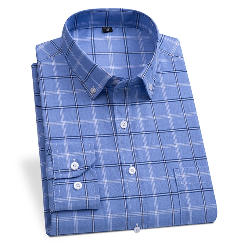 Men's New Versatile Casual Office Plaid Oxford Cotton Shirt Long Sleeve Single Chest Pocket Standard Fit Button Striped Shirt