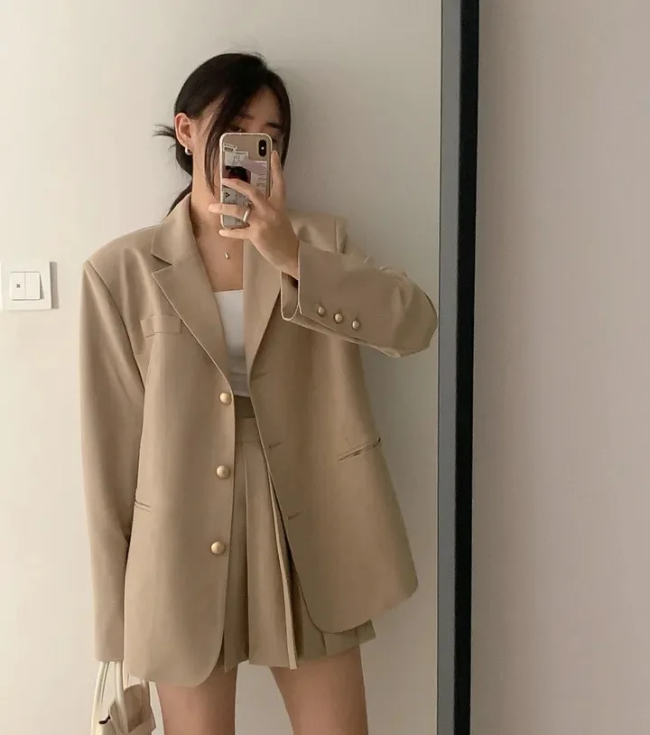 Korean Chic Two-piece Skirt Set Women Single Breasted Blazer Loose Jacket Solid Pleated Mini Skirt Autumn Office Lady Outfits