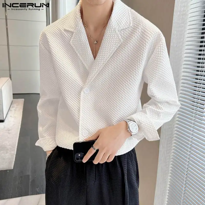

Модные повседневные стильные топы INCERUN, красивые новые мужские рубашки с ромбовидной текстурой в клетку, однотонная простая блузка с длинным рукавом и отворотом, женская