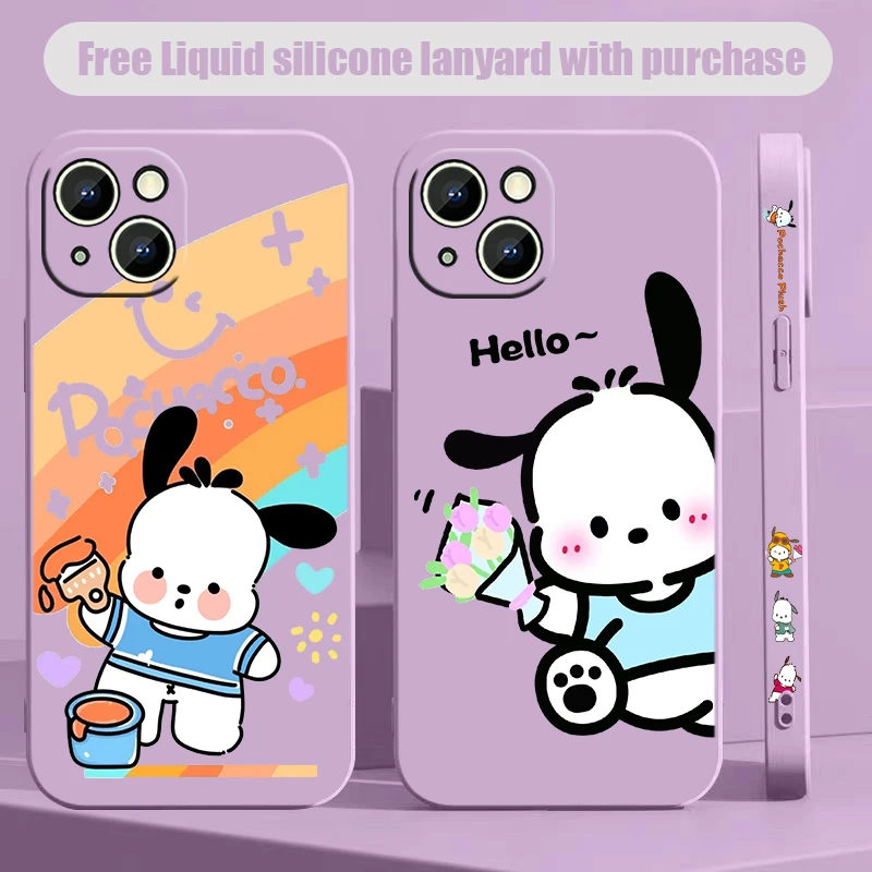 

Cute cartoon Pochacco Phone Case For iPhone 15 14 13 12 11 Pro Max Mini X XR XS SE 8 7 Plus Liquid Left Rope Soft Capa Cover