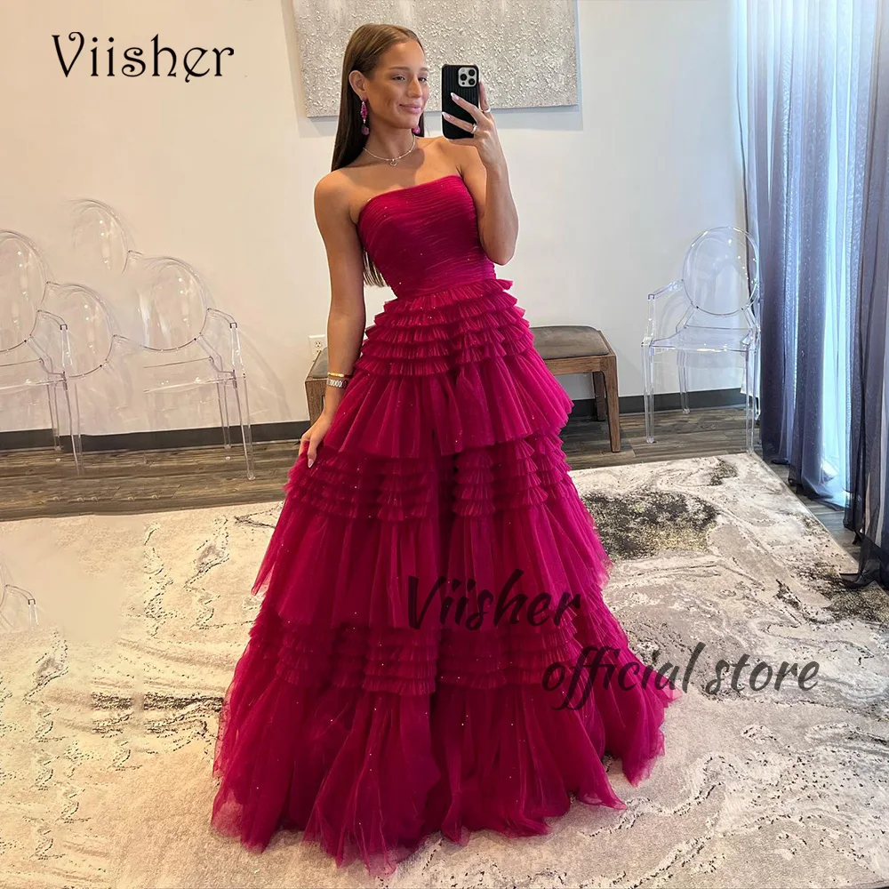 

Viisher Fuchsia Tulle A Line Evening Dresses for Women Strapless Long Prom Party Dress with Slit Celebrate Event Gowns