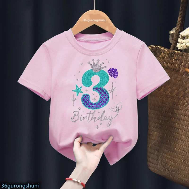 3th/4th/5th/6th Birthday Gift For Girls Tshirt Glitter Mermaid Princess Graphic Print T Shirt Kawaii Kids Clothes Summer Tops 6