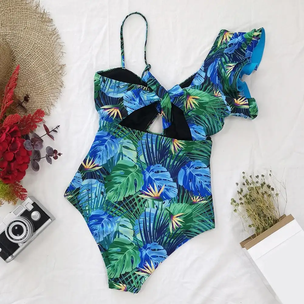 

Smooth One-piece Swimsuit Tropical Leaves Print V-neck Monokini Ruffle Sleeve Swimwear for Women Sexy One-piece Beachwear