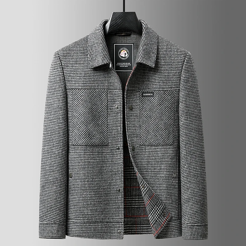 

Classic 2024 Autumn Winter Men's Business Casual Wool Jackets Outwear Grey Color Plaid Woolen Coat Windproof Short Warm Overcoat