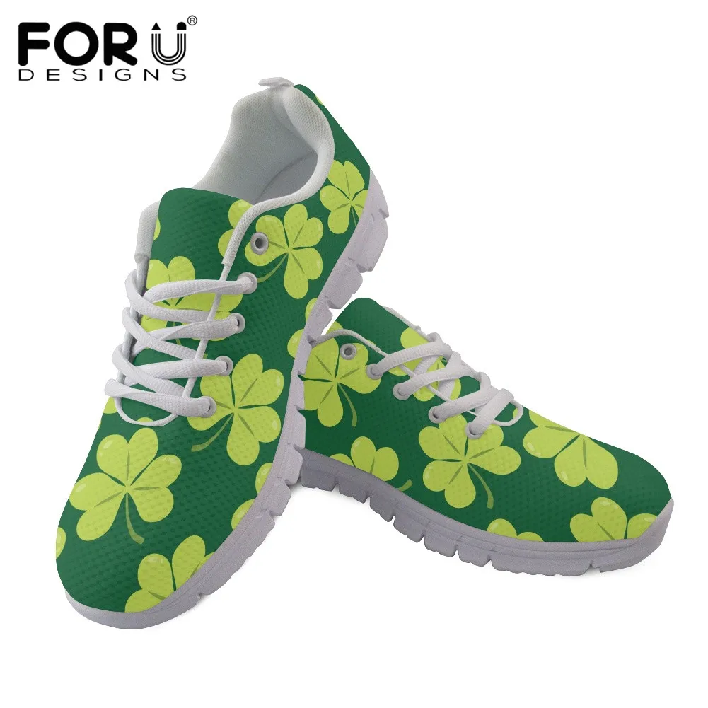 

FORUDESIGNS Shamrock Green Clover Pattern Flats Spring Women Shoes Fashion Ladies Lace-up Mesh Light Breathable Shoe for Female
