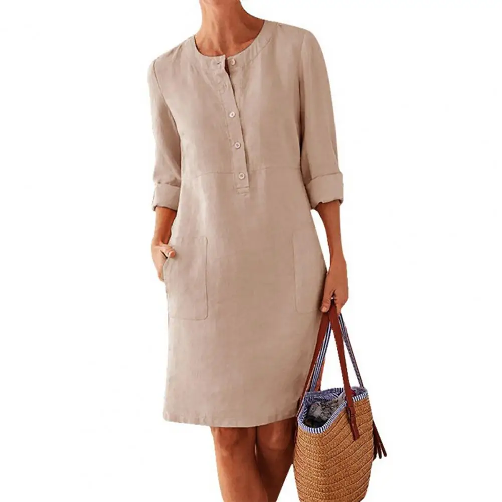 

Chic Cotton and Linen Dress for Women Autumn Vintage Long Sleeve Button Pocket Solid Loose Party Dresses Oversized Mini Dress