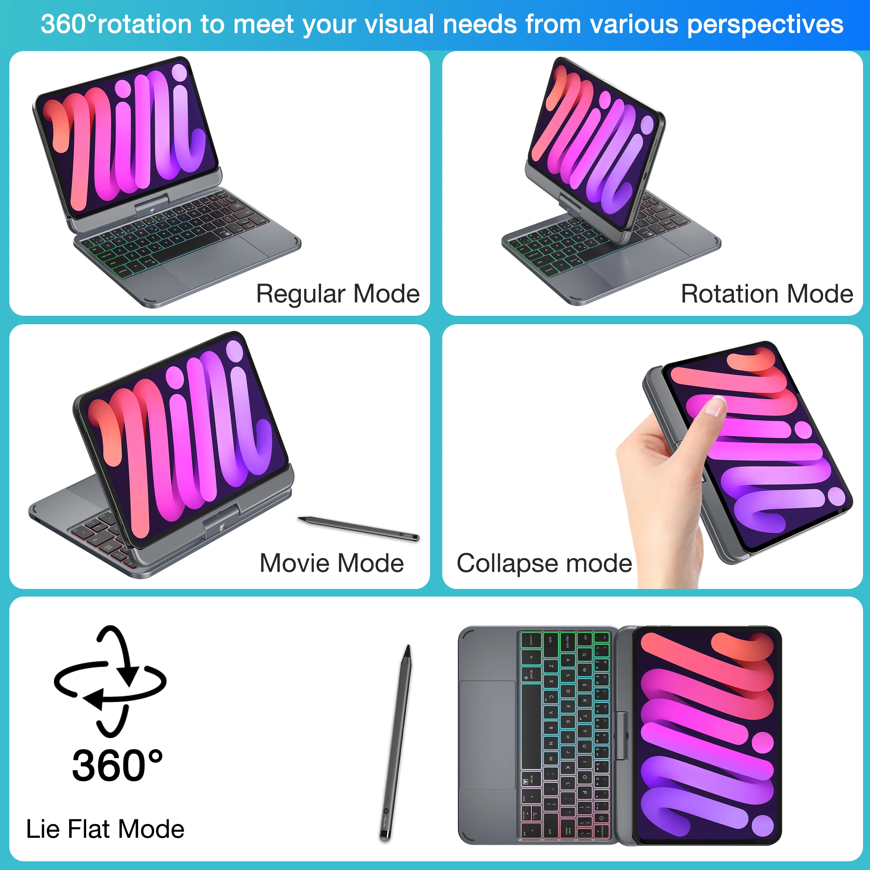 Doqo回転式iPad Mini 第7/6世代対応 マグネット式キーボードケース