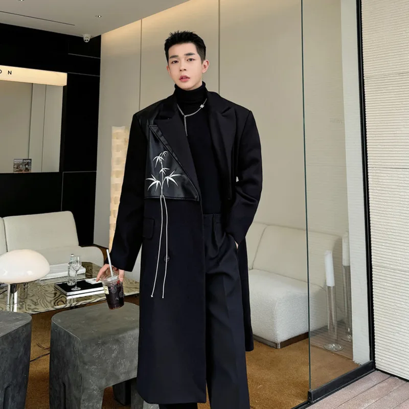 

SYUHGFA Personality Asymmetric Embroidery Lapel Woolen Jacket Men's Clothing Loose Long Coat 2024 Autumn Winter Woolen Coat