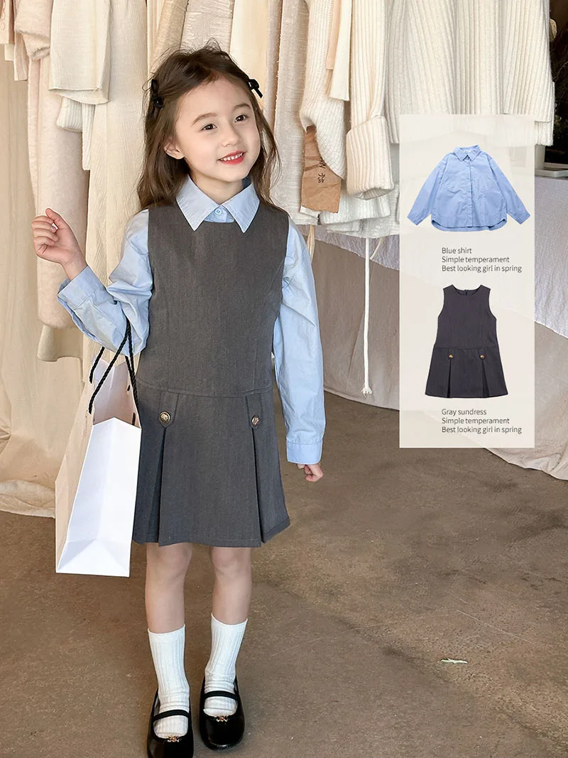 Girls Blue Shirt Grey Vest Dress Autumn Outfit