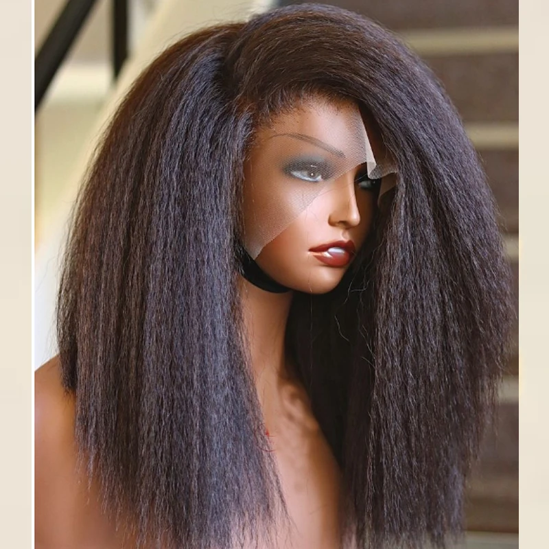 Soft Yaki Preplucked Side/Middle Part Black Color Short 16Inch 180Density Kinky Straight 13x4 Lace Front Wig Synthetic