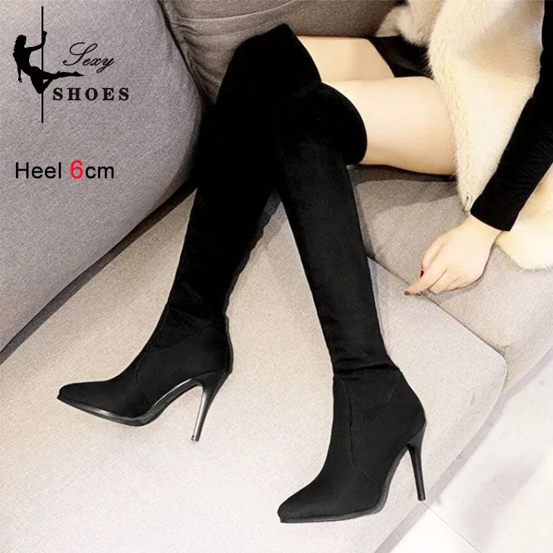 Over-the-knee Long Tube Boots Women's New Winter Plush High Heels 6cm 8cm 10cm Black Suede Pointed Toe Thin Heels Party Shoes