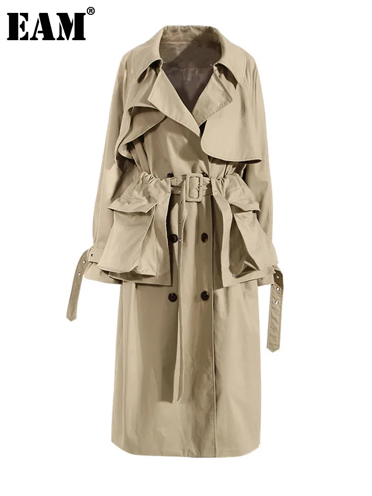 

[EAM] Women Khaki Pocket Big Size Long Trench New Lapel Long Sleeve Loose Fit Windbreaker Fashion Spring Autumn 2024 1DF0635