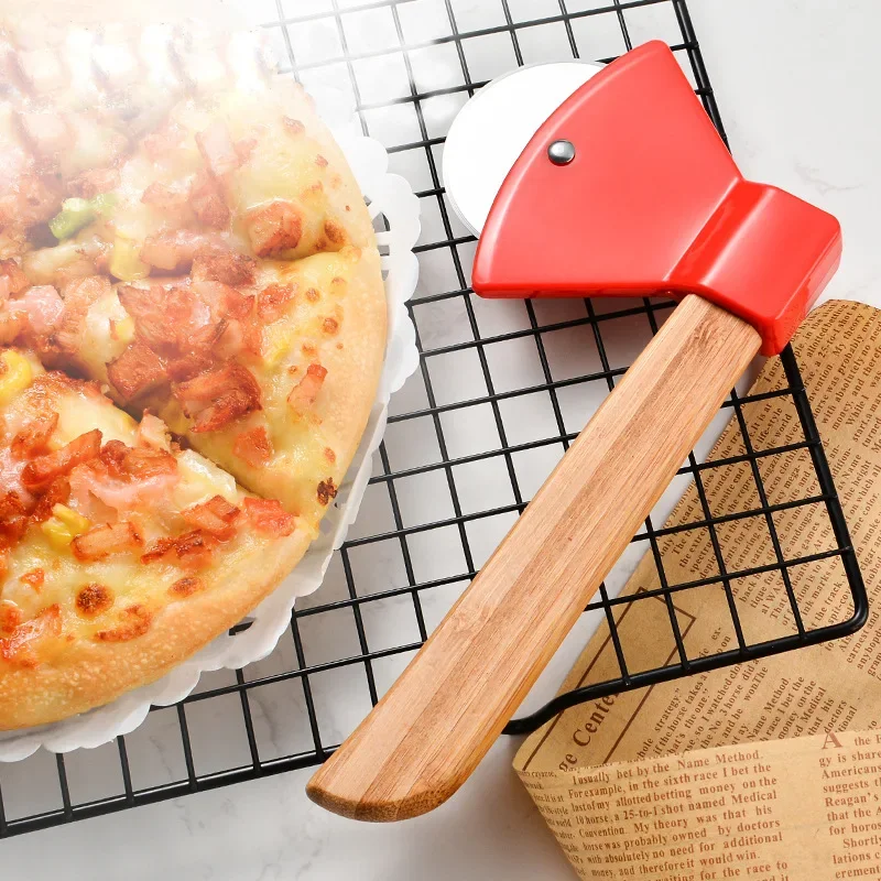 Pizza Cutter Stainless Steel Roller Pizza Cutter Wooden Handle Axe Shape Sharp Blade Quick Cut Accessories Baking Tools