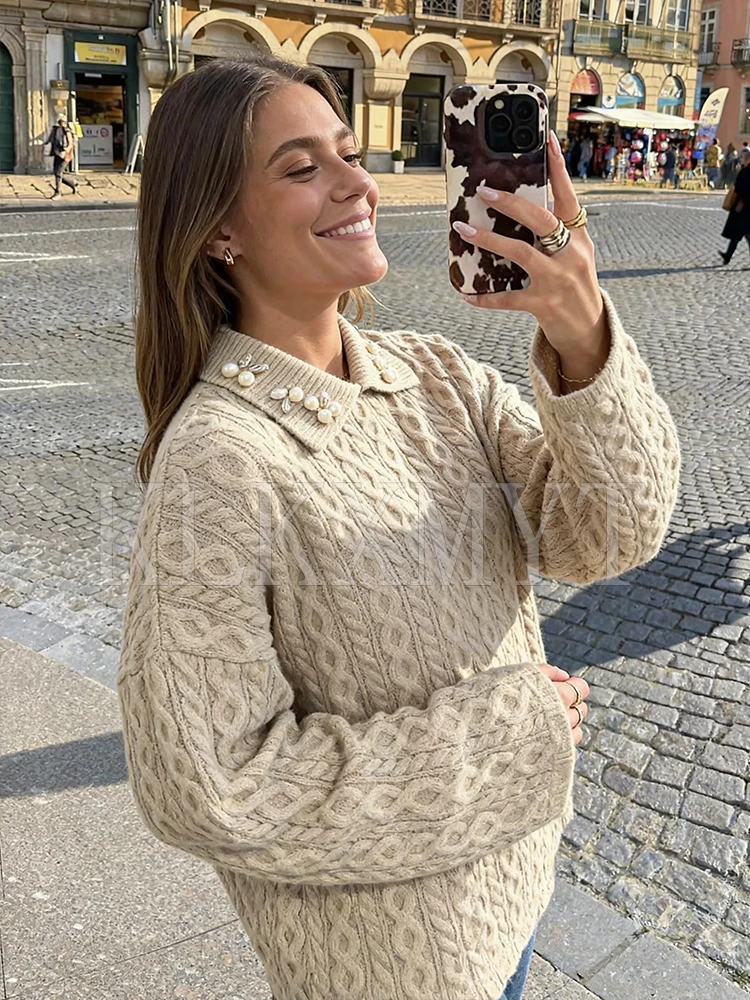 Chic Autumn Knitted Pullover Women Elegant Jewelry Collar Sweater Fashion Casual Long Sleeve Female Knitwear Sweaters Top ﻿