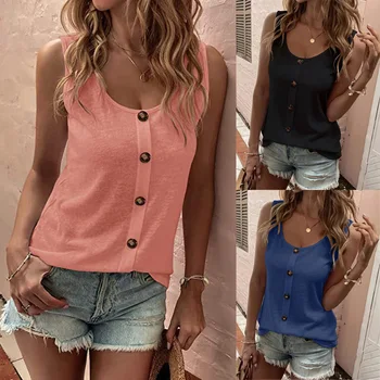 Europe and the United States summer new round neck casual solid color buttons decorated small vest women 1
