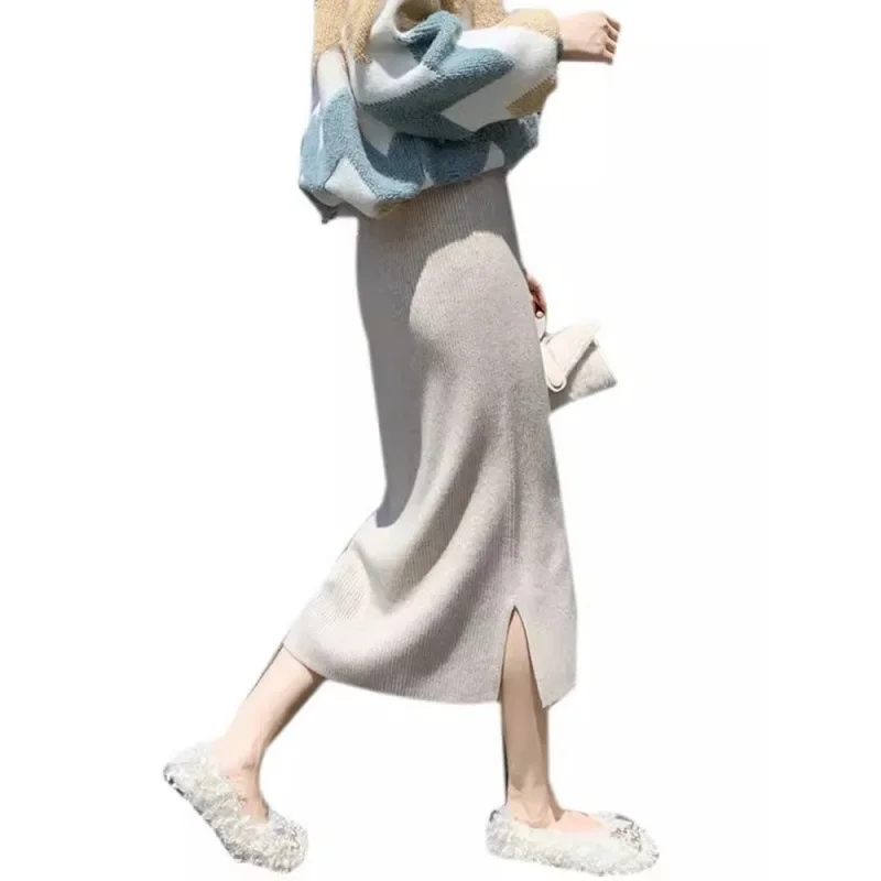 Maternity High Waist Knitted Mini Skirt Autumn Winter Straight Tube Sweater Skirt Mid Length Slit Wrap around