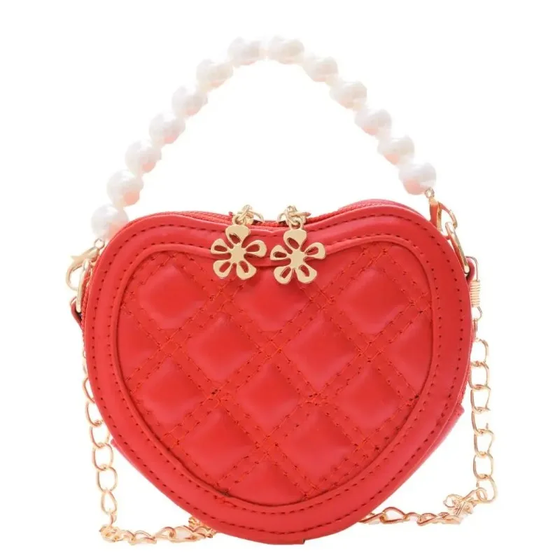 Pearl Handle Girls Mini Shoulder Messenger Bag Princess Wallet Coin Purse Handbags Cute Children's Heart-shaped Crossbody Bags