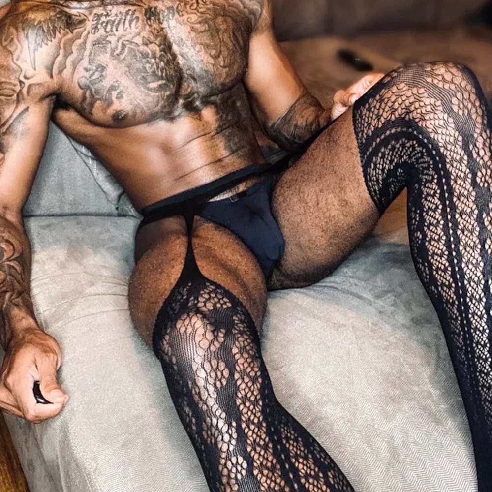 Sexy Mens Pantyhose Thin With Open Crotch Bodysuits Breathable Elastic Fishnet Garters Gay High Stretch Lingerie One Size Sissy