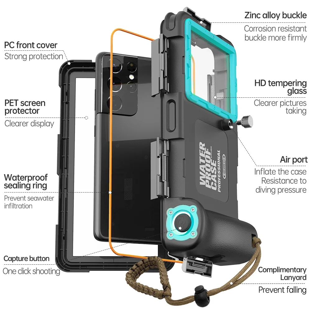 

50ft/15m Exhaust Hole Universal Waterproof Case For iPhone 14 13 12 Samsung S23 Ultra POCO F5 Underwater Photography Diving Case
