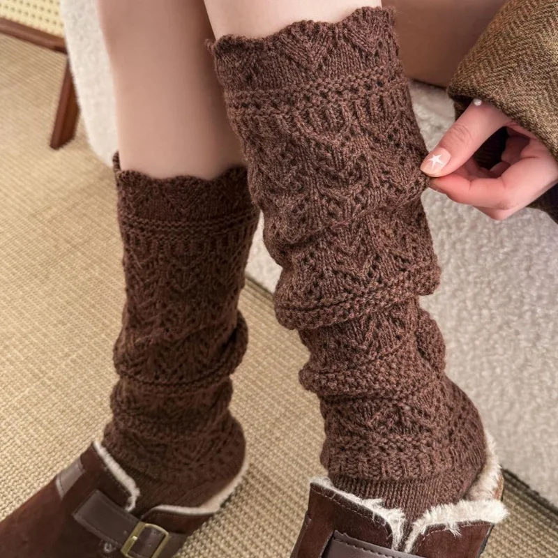 New 6Colors Hollow Out Calf High Socks for Women Girls Winter Warm Knitting Long Sock Home Floor Socks Bohemia Style Stockings