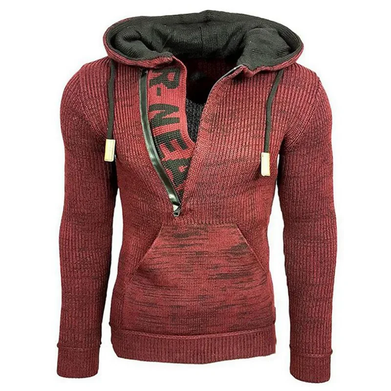Description Picture 3 of itemAutumn and Winter Knitted Hooded Sweater Mens Color Matching Slim Pullover Sweater Men