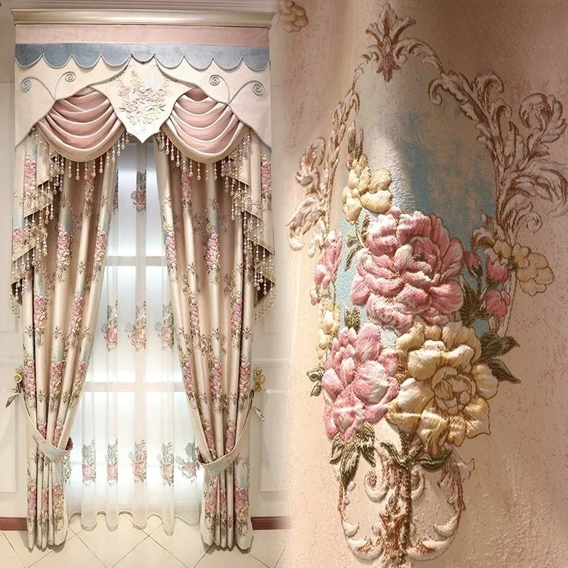 Luxury European Style Thick Pink Jacquard Curtains for Living Dining Room Bedroom Atmospheric Embossed Valance Tulle Custom