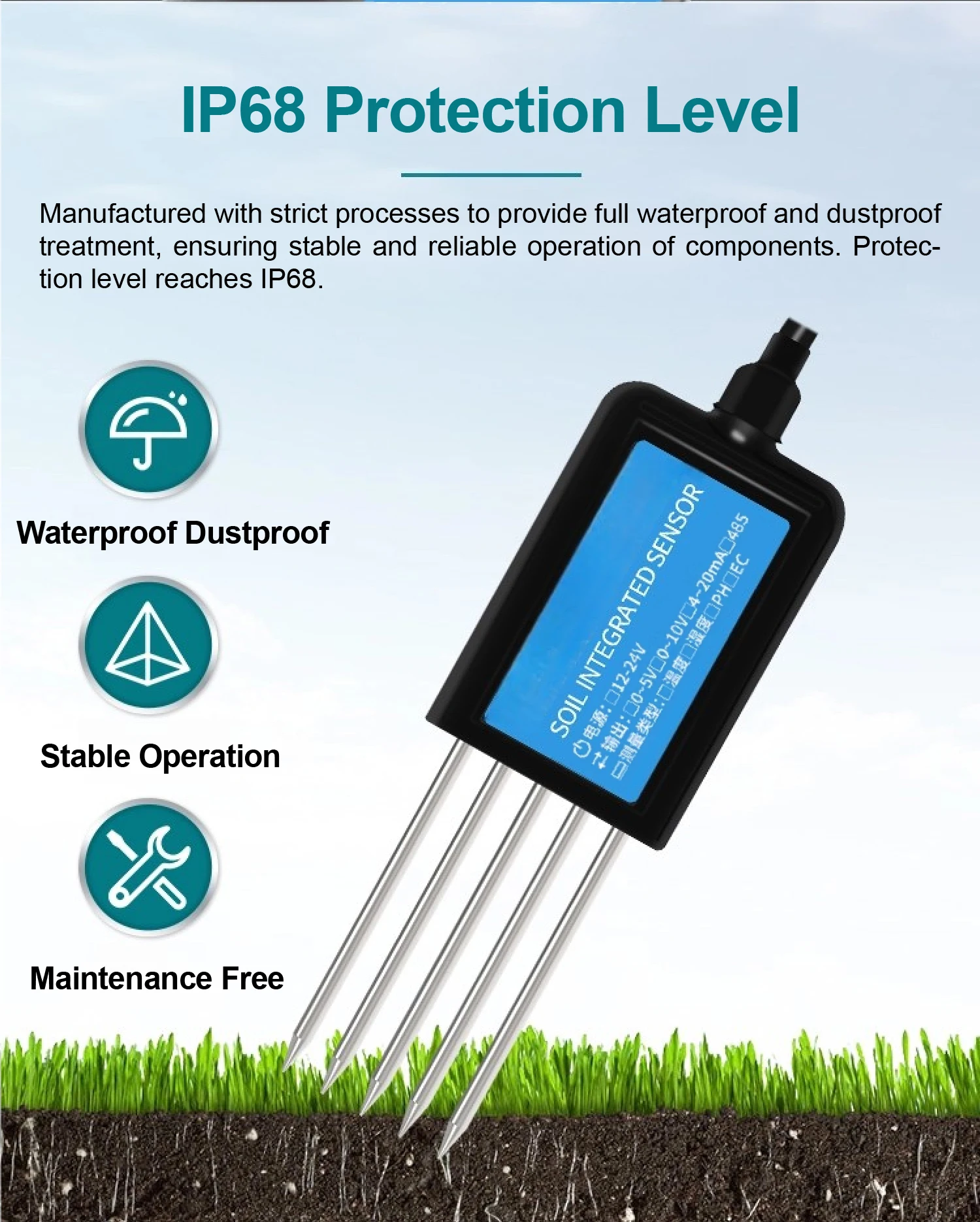 IP68 7 in 1 Soil Moisture pH EC Temperature NPK Sensor with RS485 4-20mA 0-5V 0-