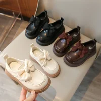 Big Bow-knot Kids Oxfords 2025 Spring Autumn Girls Soft PU Leather Shoes Party School Casual Shoes For Girl Brown, Black, Beige 1