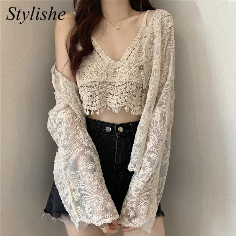 Summer Crochet Cardigan Women 2024 White Lace See Through Cropped Cardigans Beach Boho Button Up Long Sleeve Women Tops Autumn