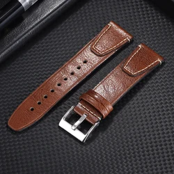 Vintage Brown Oil Wax Leather Watchband with Stitching Details - 22mm (Brown)