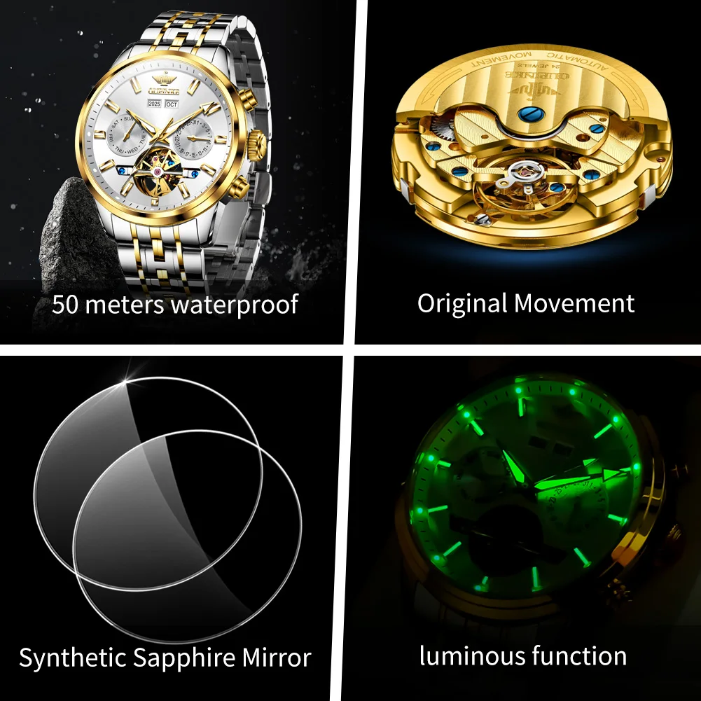 OUPINKE 3296 Mens Watch Original Automatic Mechanical Watch﻿ Sapphire Mirror 50M Waterproof Perpetual Calendar Day-Date Watch