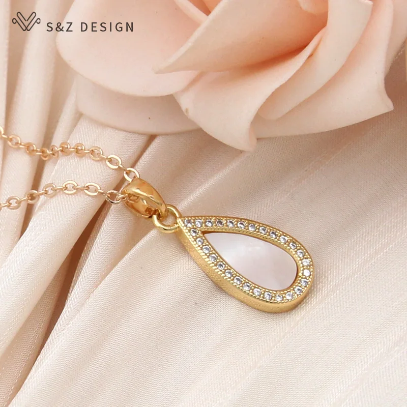 S&Z DESIGN New Fashion Elegant Water Drop Shell Pendant Necklace For Women Classic Micro Wax Inlay Cubic Zirconia Jewelry