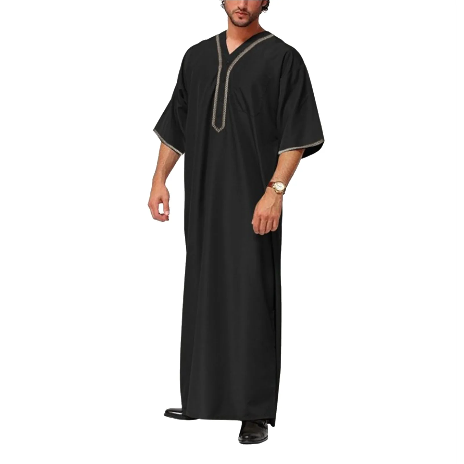 

Muslim Mens Casual Loose Jubba Thobe Arab Dubai Malaysia Robe Saudi Middle Sleeve Button Shirt Gown Abayas islamic Men Clothing