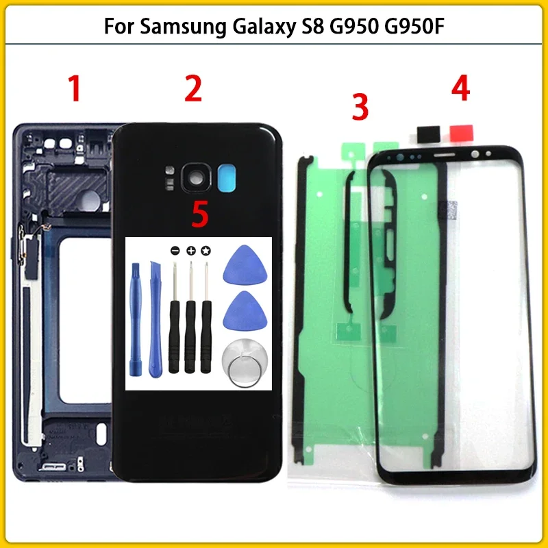 

For Galaxy S8 G950 G950F Housing Case Middle Frame + Battery Cover Back Cover + Front Glass Panel+ Adhesive +Tool