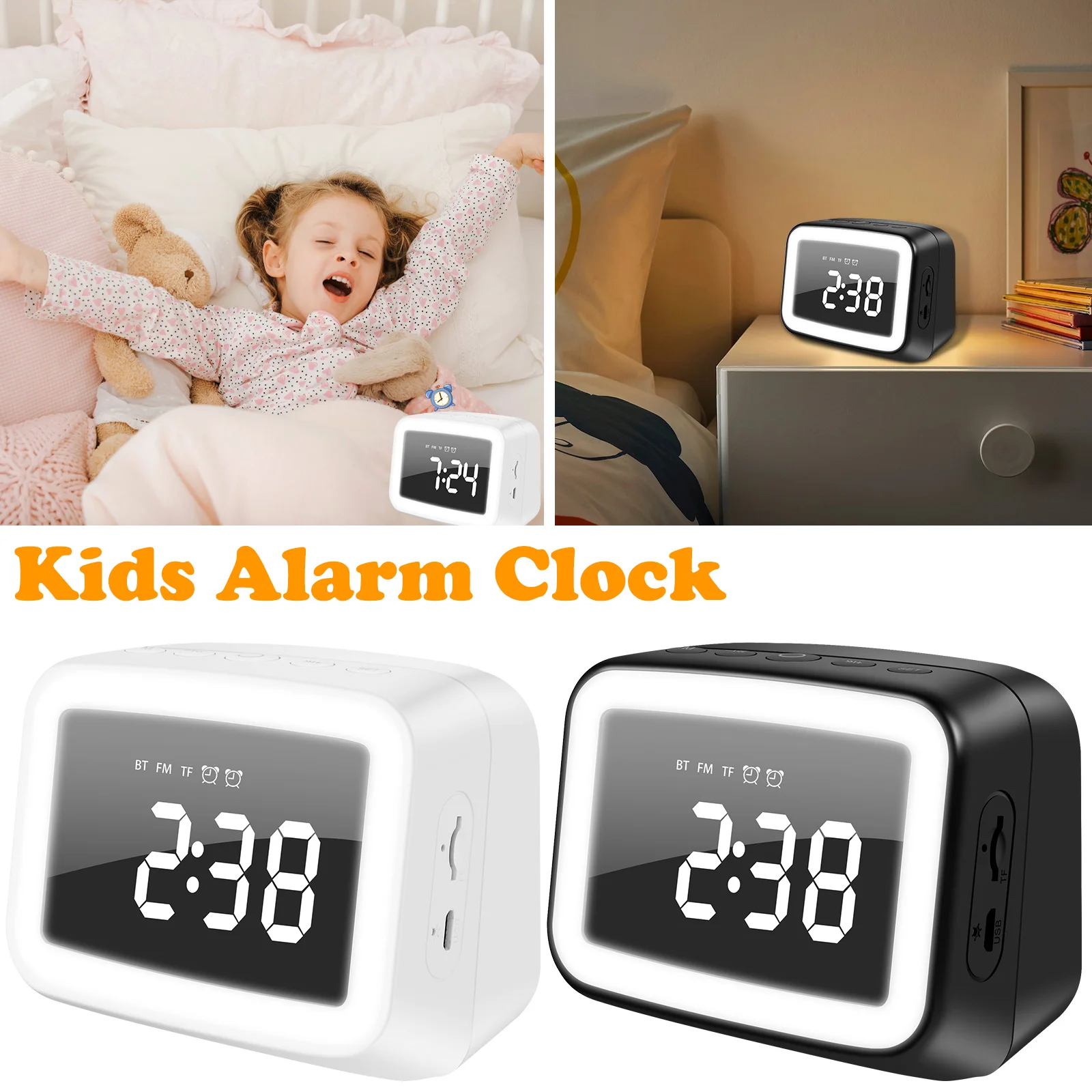 

New Kids Alarm Clock Bluetooth Speaker USB Rechargeable Digital Clocks with 4 Levels Dimmable Night Light Dual Alarms Snooze