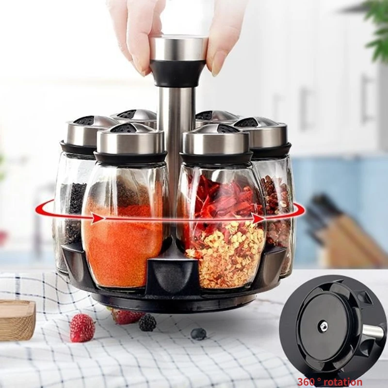 

6pcs Set Glass Seasoning Jar Household Rotary Seasoning Box Pepper Shakers Spice Container Kitchen Storatge Condiment Box