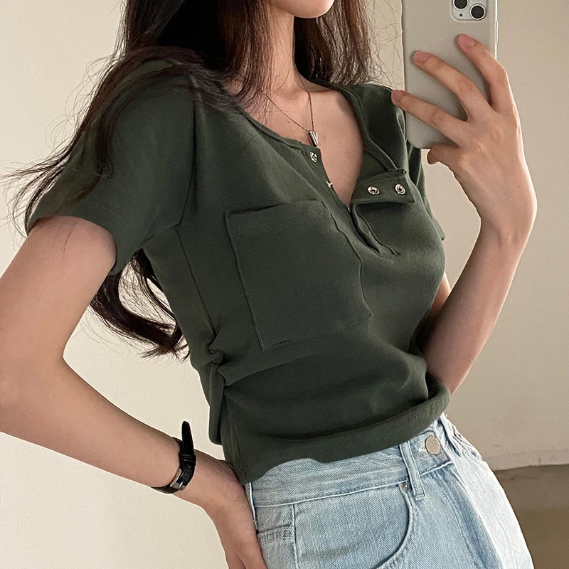 

Korean Style Pleated Waist Knit Short Sleeve Tees Simple Round Neck Slim-Fit Top