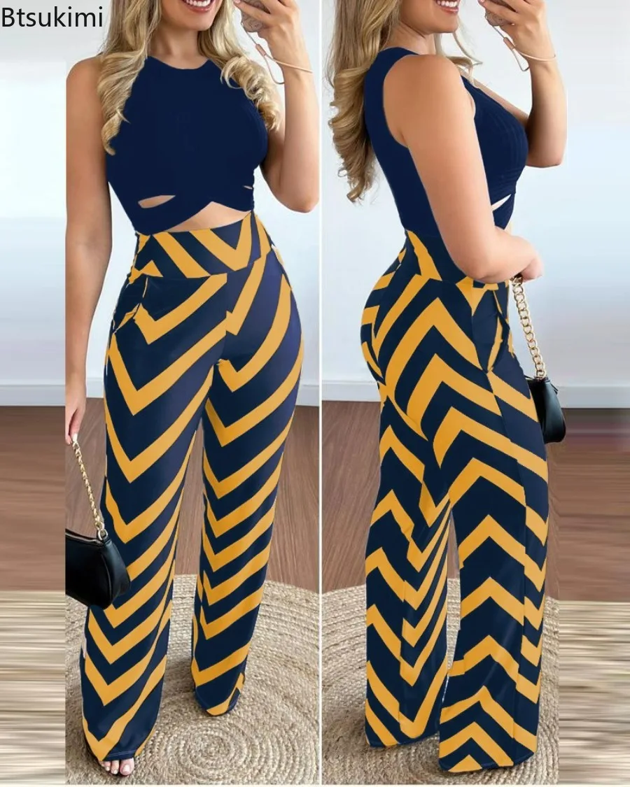 2024 Women's Crisscross Cut Out Crop Sleeveless Tank Top and Print High Waist Pants Set O-Neck Casual 2PCS Summer Outfits Female 2pcs set girls sweet print bows hair clips women hairpins ribbon barrettes duckbill clip headwear female summer hair accessories