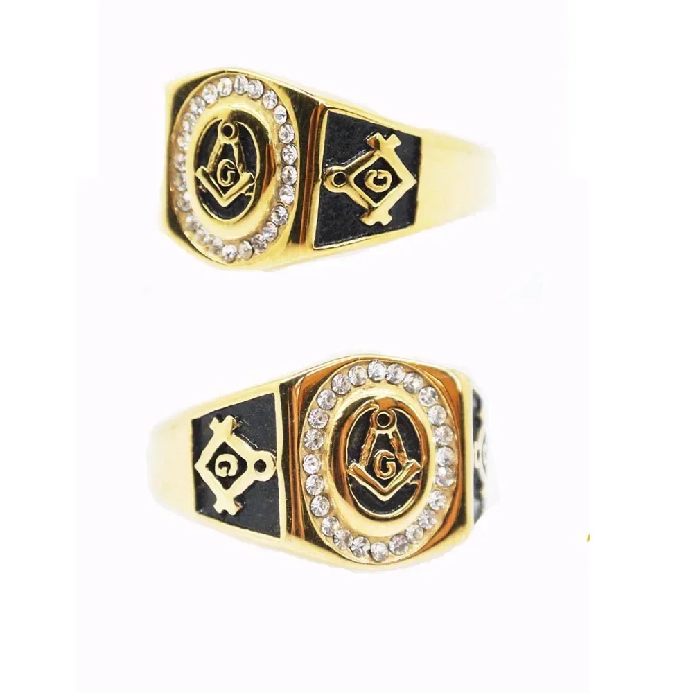 

CHUANGCHENG Personalized Retro Gold Gem Freemasonry Stainless Steel AG Symbol Men's Rings Sizes 7-14