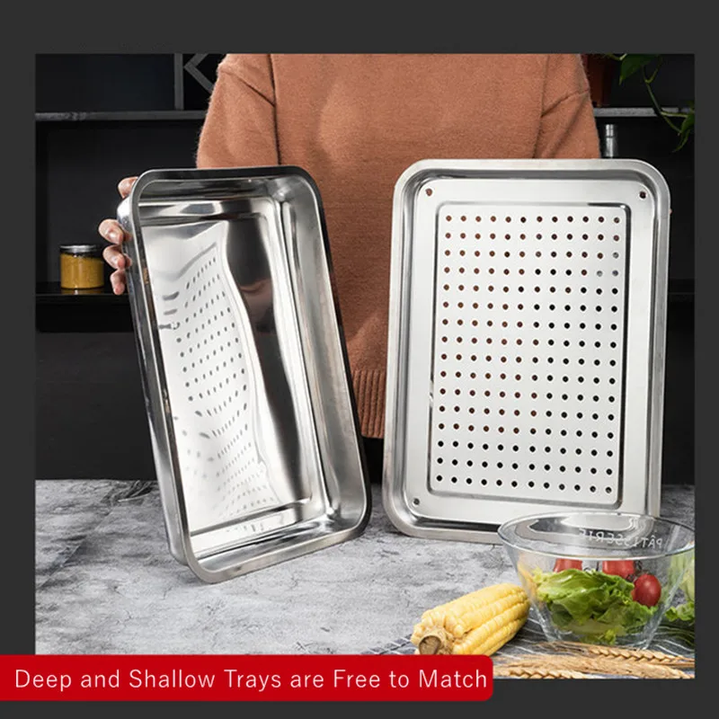 2PCS Stainless Steel Kitchen Storage Tray Set Food Drain Dry Dish Barbecue Hollow Filter Oil Plate Home Teahouse Tea Cup Trays 6