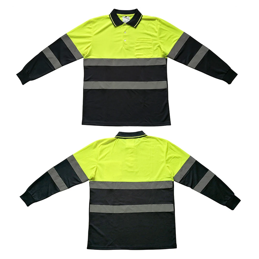 Hi Vis Workwear Shirts for Men Construction Fluorescent Yellow Navy Long Sleeve Reflective Polo Safety Work Shirt