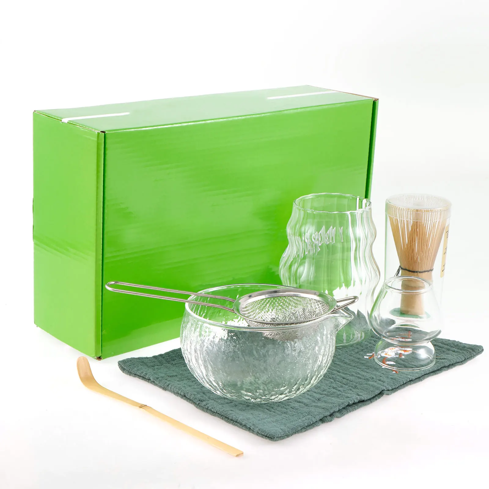 7Pcs Matcha Whisk Set Clear Glass Japanese Matcha Tea Set Making Kit with 500ml Bowl Cup Whisk
