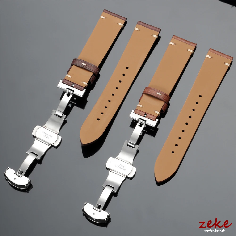 Elegant Genuine Leather Watch Band with Wooden Box & Butterfly Clasp Bracelet