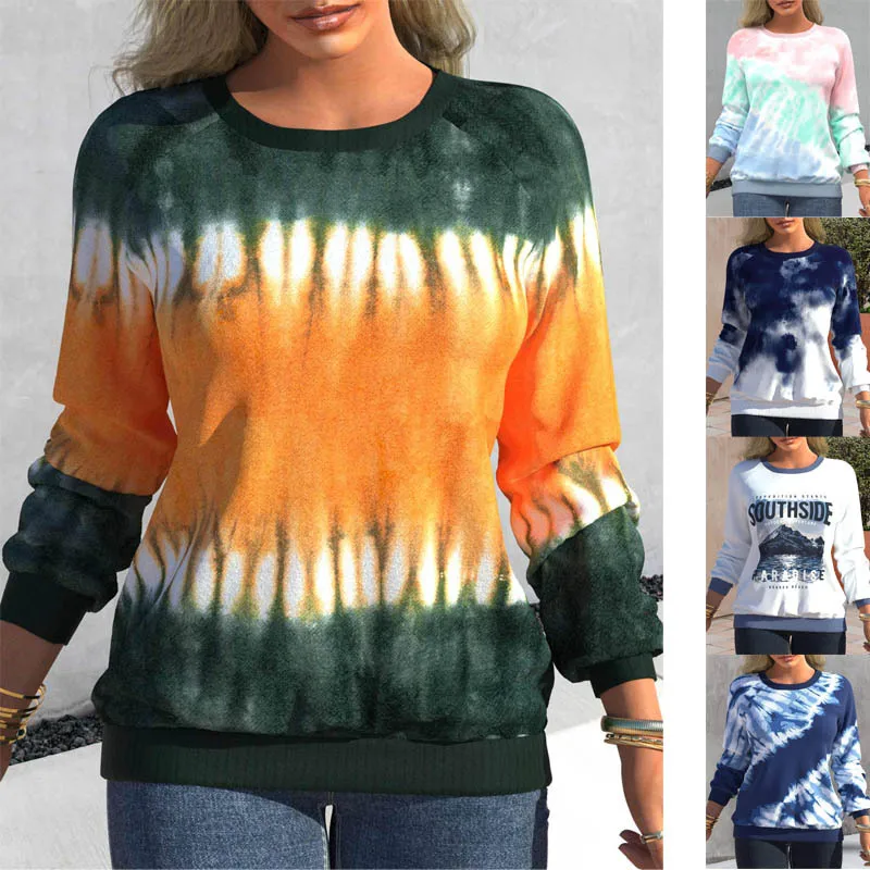 

Autumn And Winter New Women's Fashion Tie Dyed Printed Top Round Neck Raglan Long Sleeve Casual Loose Plus Size Sweater