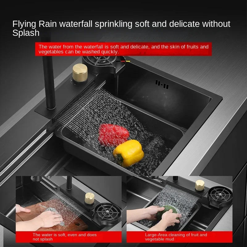 Kitchen Stainless Steel Topmount Sink Waterfall Sink Large Single Slot Wash Basin With Multifunction Touch Waterfall Faucet 5