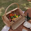 Large-capacity Rattan Picnic Basket Woven Storage Hamper Outdoor Fruit Baskets with Tableware Full Set Camping Storage Box 3