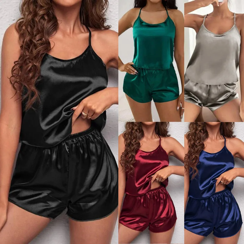

Women's Pajamas Satin Sleepwear Female Short Set Pyjamas Sexy Nightwear Suit Sleeveless Tops Pants Pajama Lingerie Underwear