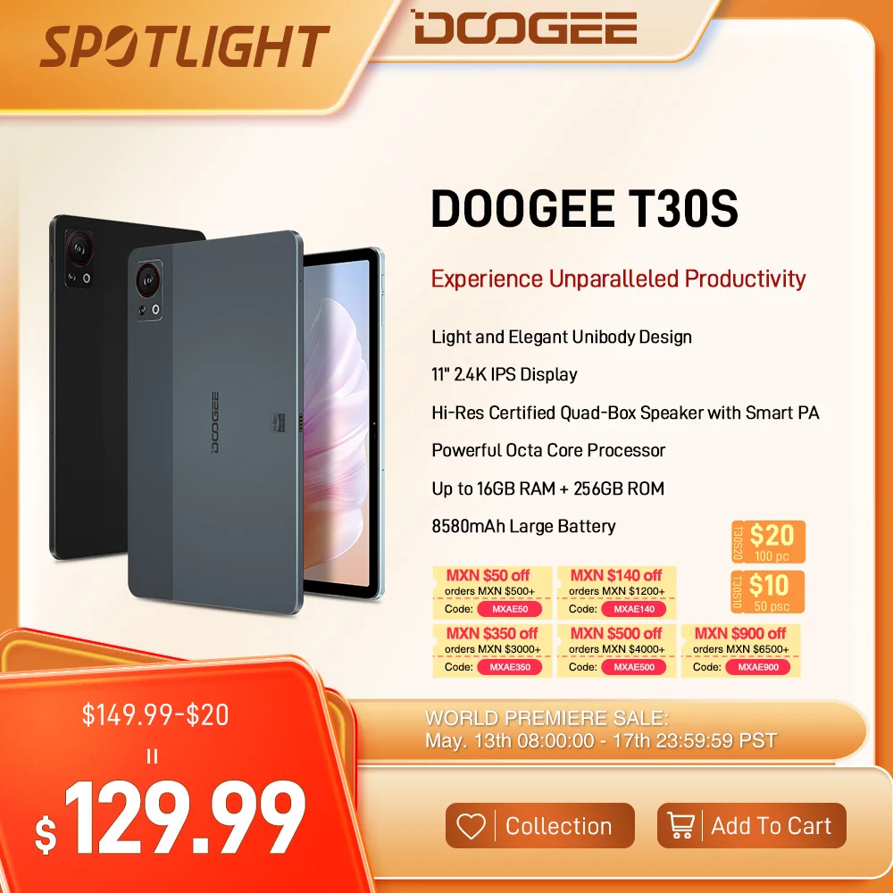 DOOGEE T30S 태블릿, 2.4K TUV 인증, 6GB + 256GB T606 옥타코어, 13MP 메인 카메라 쿼드 스피커, 8580mAh, 11 인치