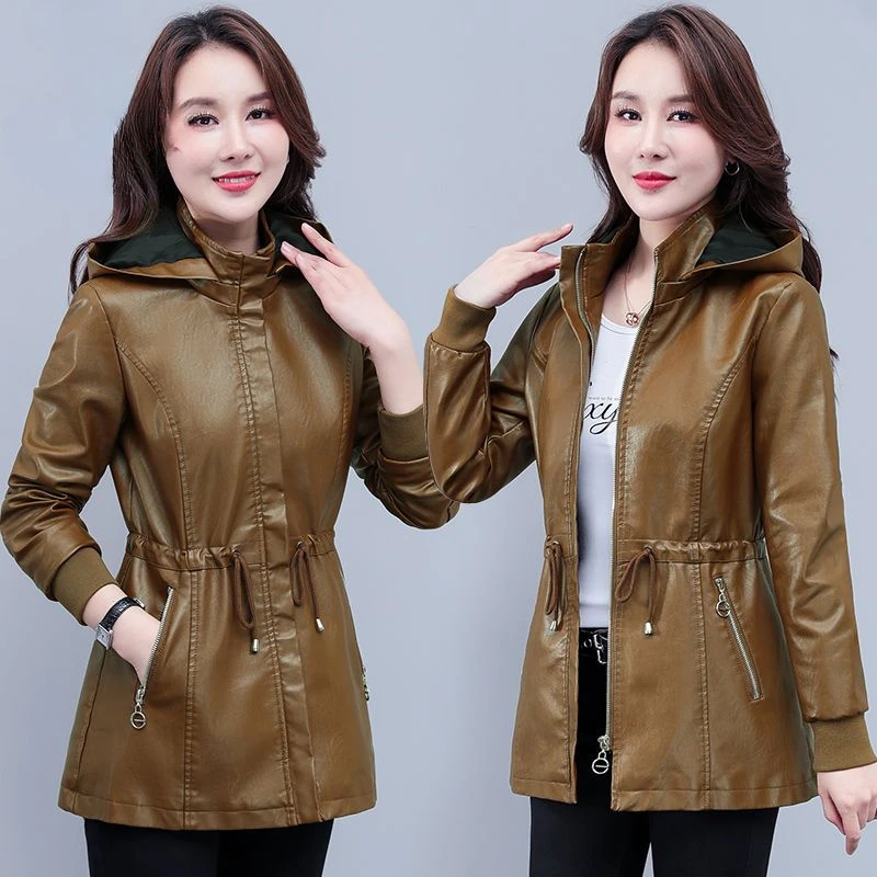 2023 Autumn New Women Leather Coat Mid-Length Large Size Loose Casual PU Trench Coat Female Fashion Detachable Hooded Jacket